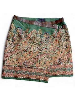 Ralph Lauren Paisley Tapestry Leather Trim Mini Skirt Old Money Size‎ 6